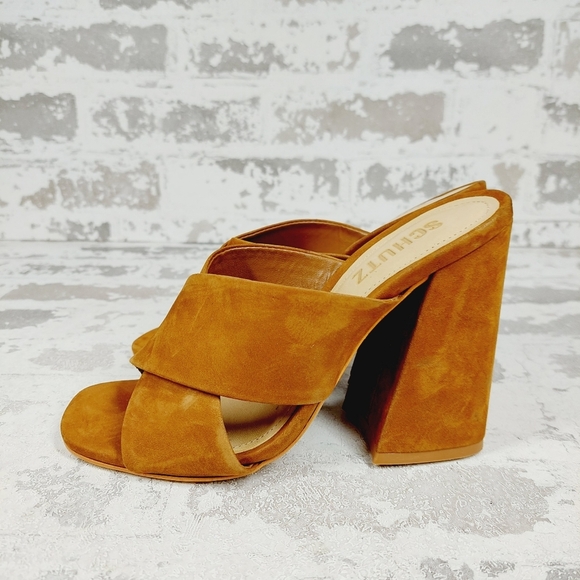 SCHUTZ Tan Suede Block Heel Sandals - Picture 1 of 12